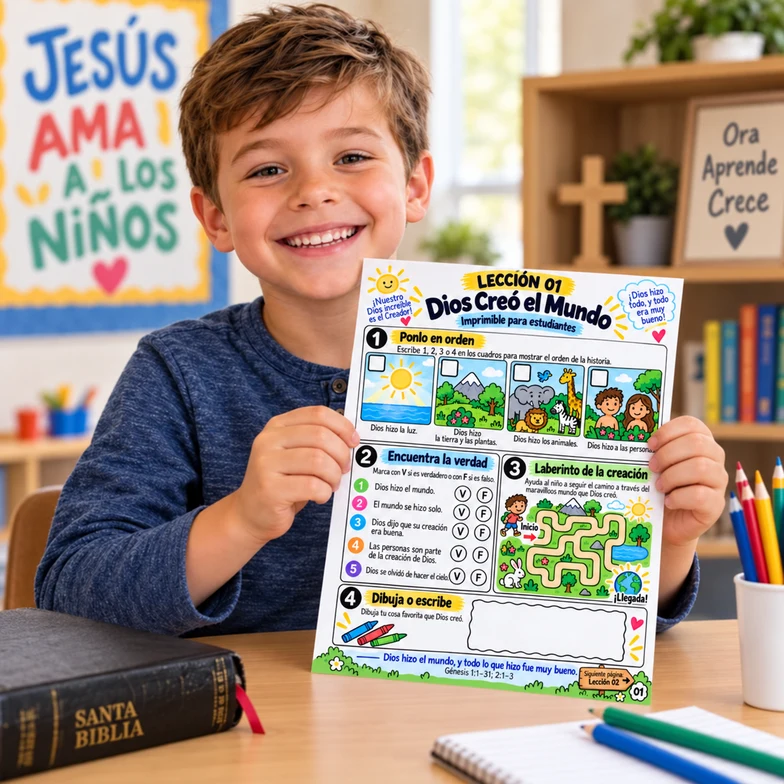 Niño con una actividad imprimible de Escuela Dominical en español